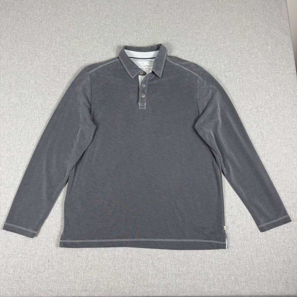 Tommy Bahama Mens Gray Long Sleeve Polo Shirt Medium Emfielder Island Modern